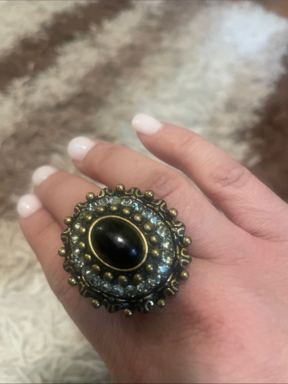Antique-Style Black Stone Gold-Tone Statement Ring
